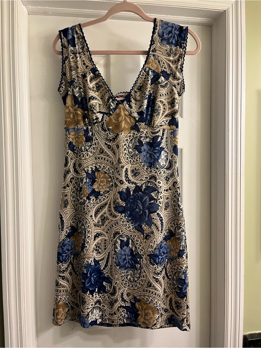 Y2K Sleeveless Lace Trimmed Navy & Gold Floral Paisley Mini Dress